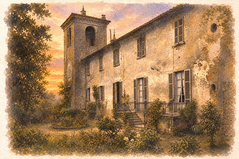 Watercolor painting of an aged stone villa with bell tower overlooking an overgrown garden at war...
