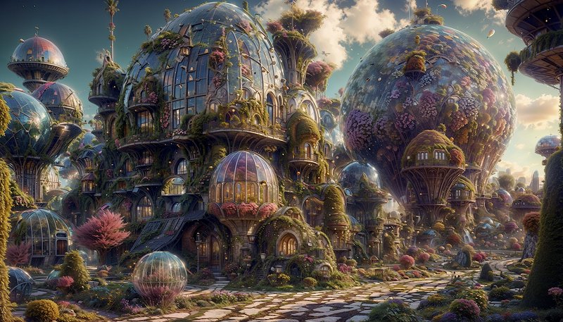 Fantastical solarpunk city with organic glass domed buildings draped in greenery and lush floweri...