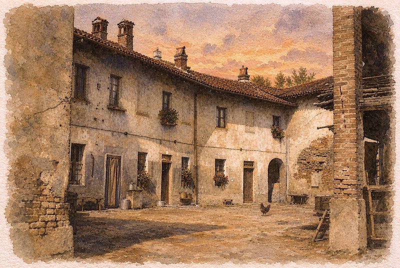 Watercolor of a rustic old European farm courtyard with a rooster under a warm golden sunset sky