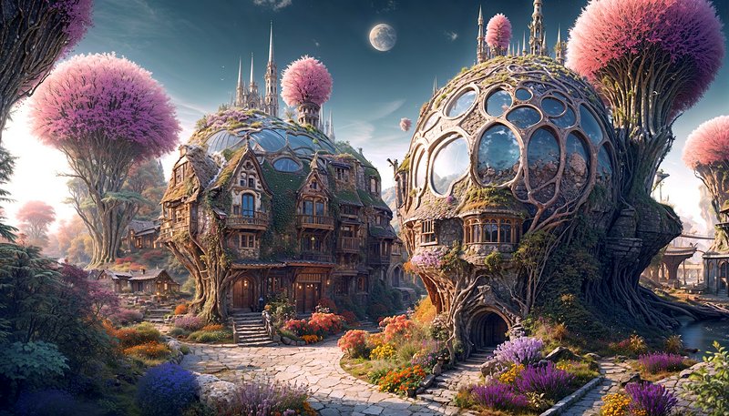 Whimsical enchanted fantasy village with organic tree homes, pink blossom trees, and a moon in th...