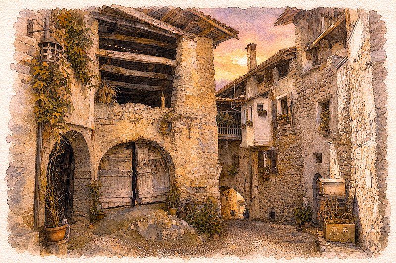 Watercolor illustration of a narrow cobblestone lane between old stone village homes at golden su...