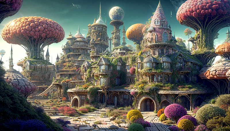 Whimsical fantasy fairy tale village with giant mushroom trees and ornate castle spires under a b...
