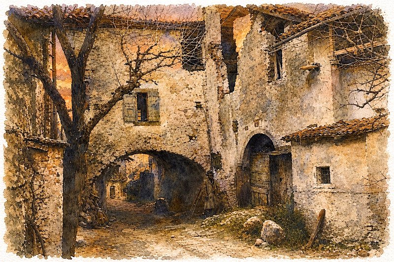 Atmospheric watercolor of crumbling historic stone village ruins beside a bare tree at warm golde...
