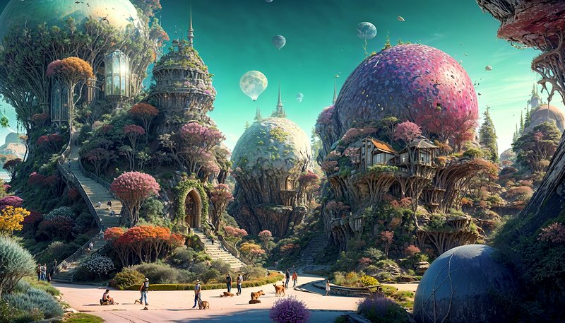 Vibrant alien fantasy village with organic dome architecture, people and pets strolling under a s...