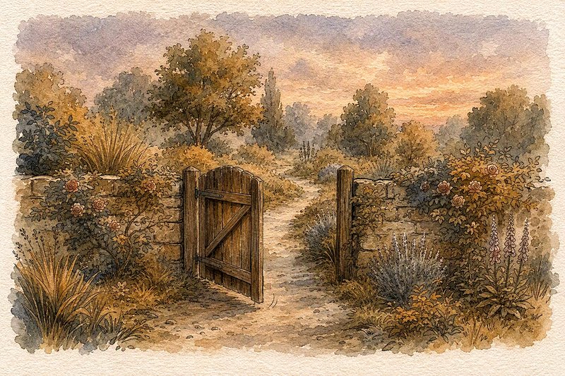 Open weathered wooden garden gate flanked by rose-covered stone walls, leading down a country lan...