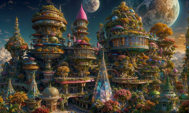 Whimsical organic fantasy city with tiered spires, lush gardens, and twin moons above distant mou...