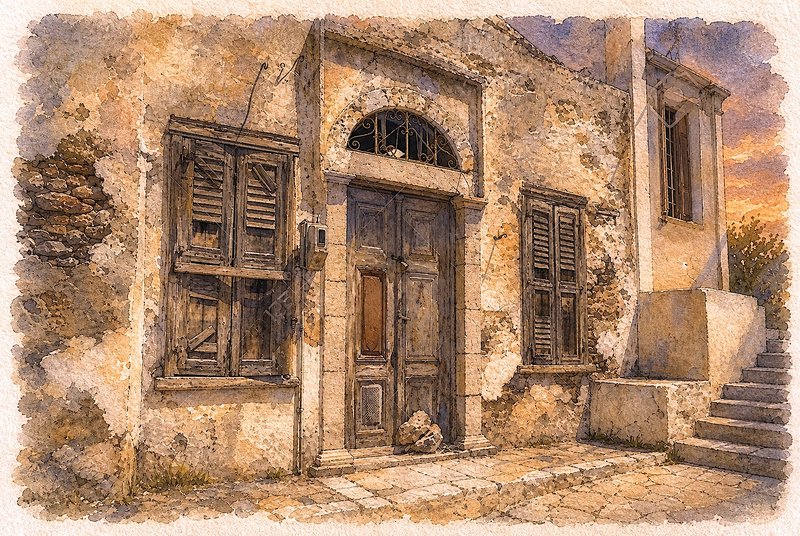 Textured watercolor of a weathered old Mediterranean stone village house at golden sunset