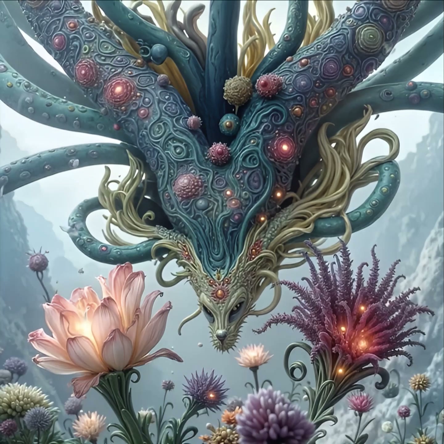Fantastical blue-green tree with curling tentacles and glowing orbs among colorful alien flowers.