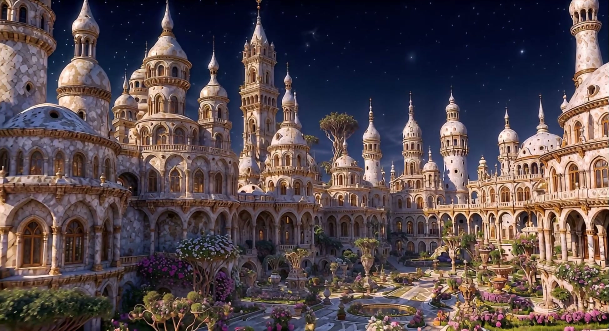 Fantastical marble palace with numerous domed towers under a starry night sky.
