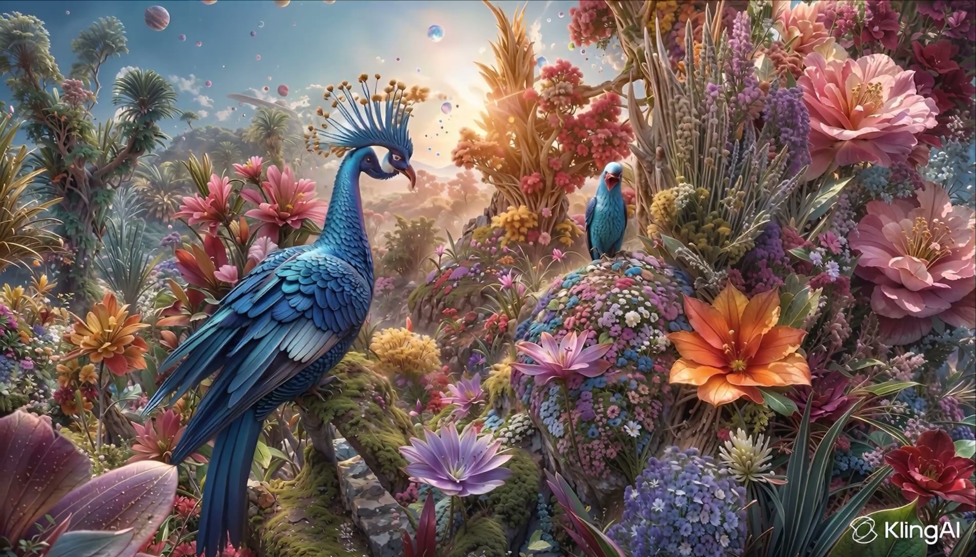 Two vivid blue peacocks amid a surreal, vibrant garden of oversized flowers and lush foliage.