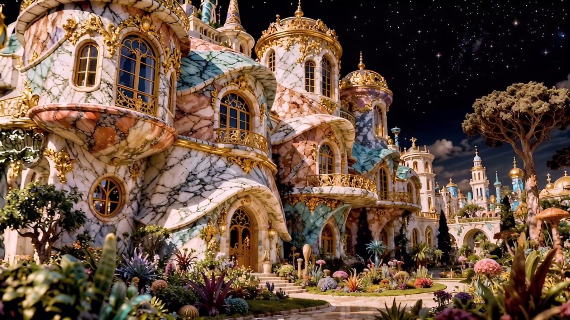 Colorful marble-clad fantasy castle with gold accents under a starry night sky.