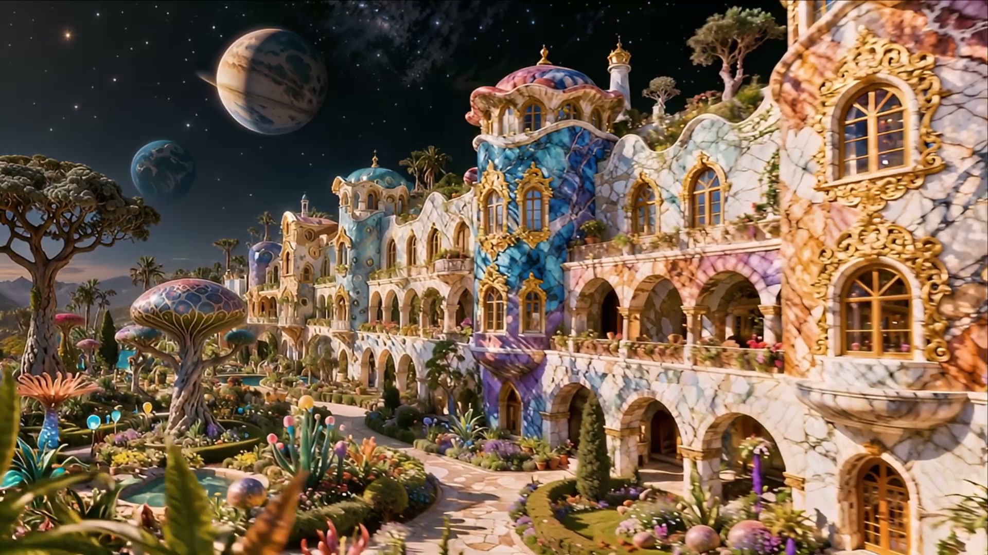 Colorful mosaic castle facades with domed roofs, lush garden, and a starry planetary sky.