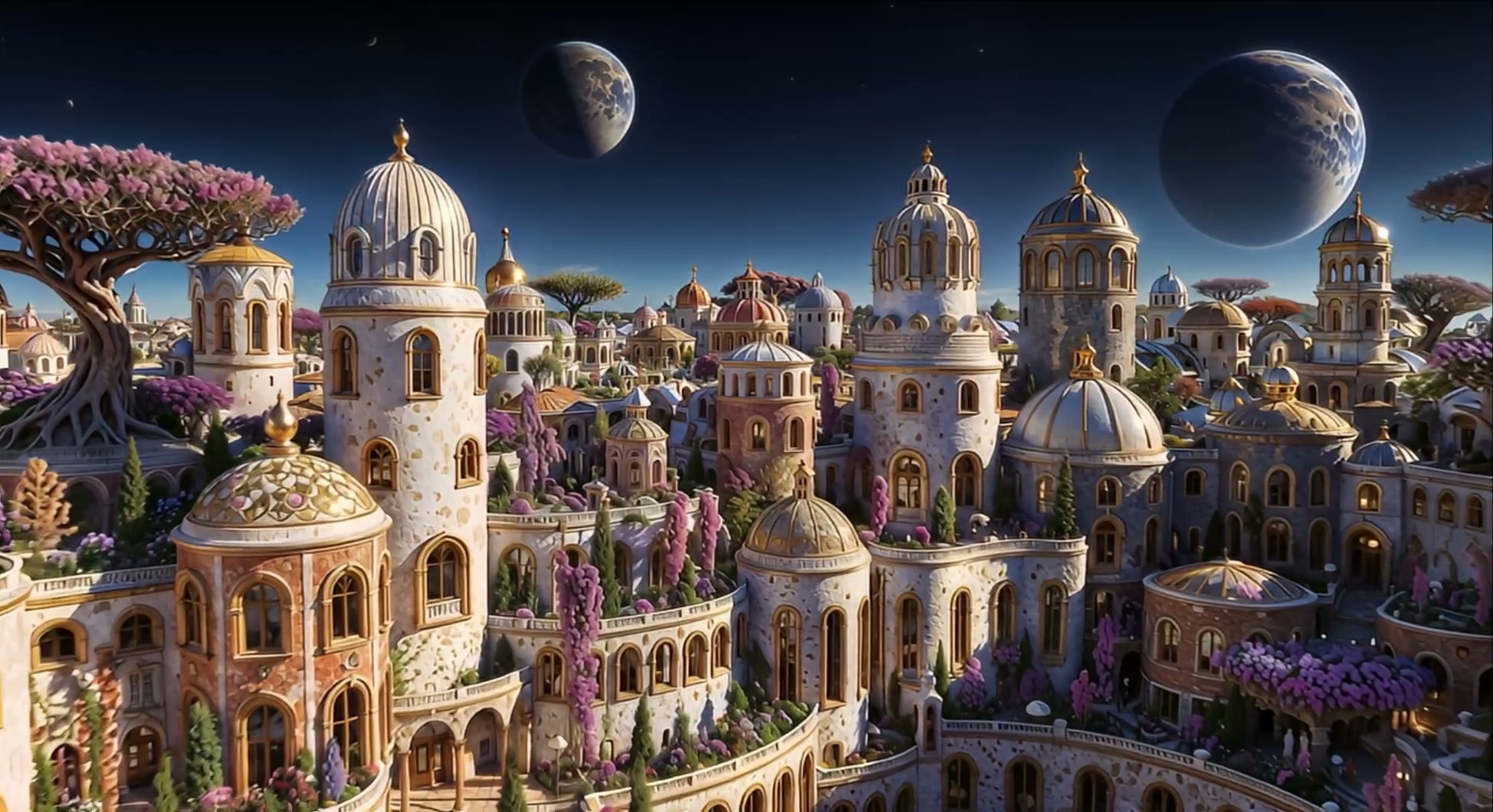 Fantasy cityscape with ornate domed towers and glowing pastel buildings under a night sky with tw...