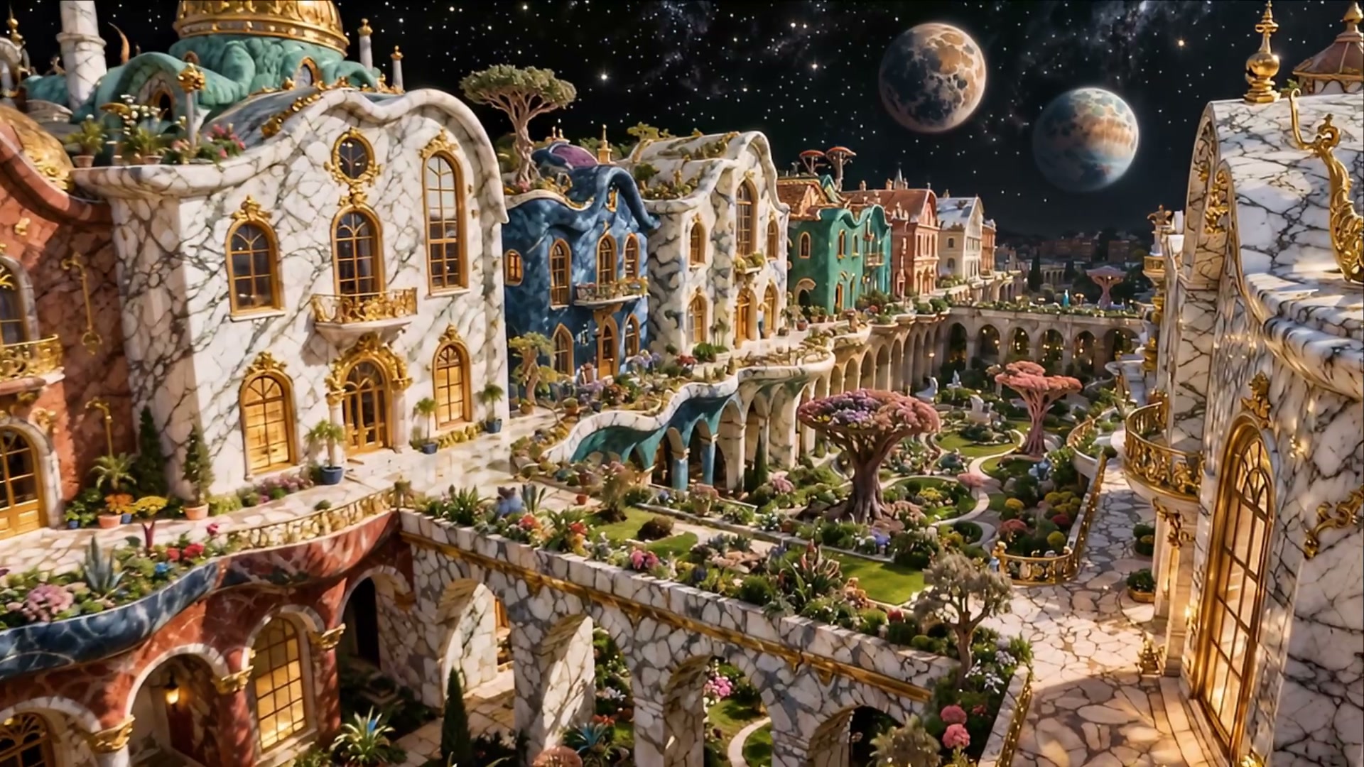 Fantastical marble cityscape with colorful facades, gold accents, and lush gardens under a starry...