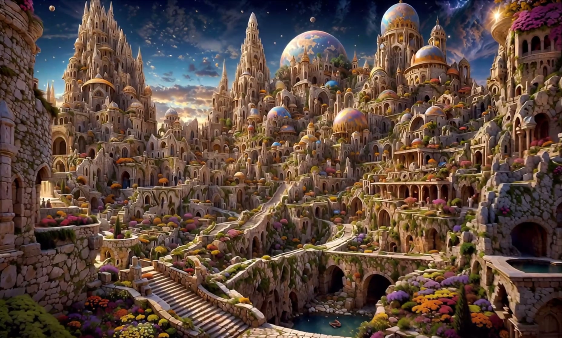 A sprawling fantasy city built into terraced cliffs with domed towers and colorful gardens.