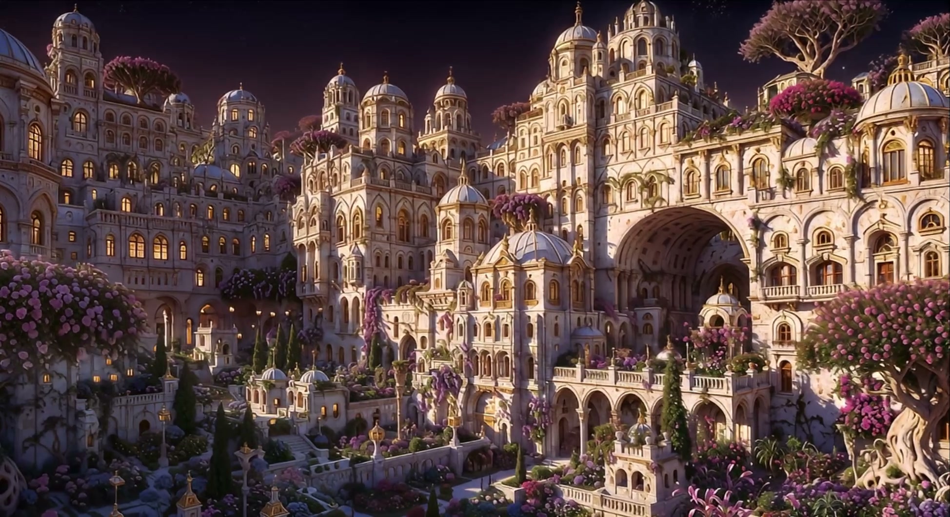 Lavish white marble palace city with domed towers and pink flowering vines at dusk.