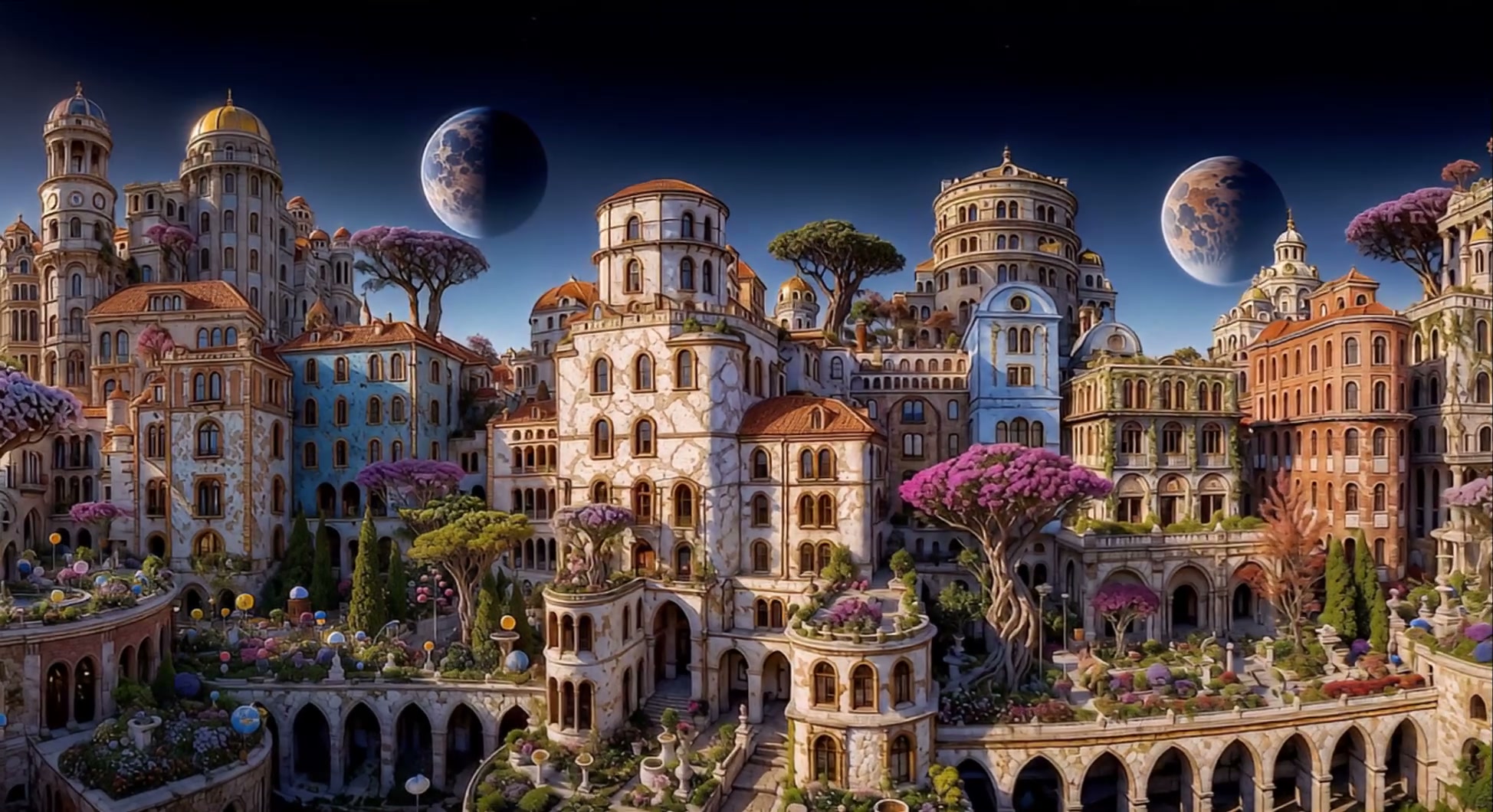 Fantasy cityscape with ornate domed towers and lush gardens under a twilight sky with two moons.