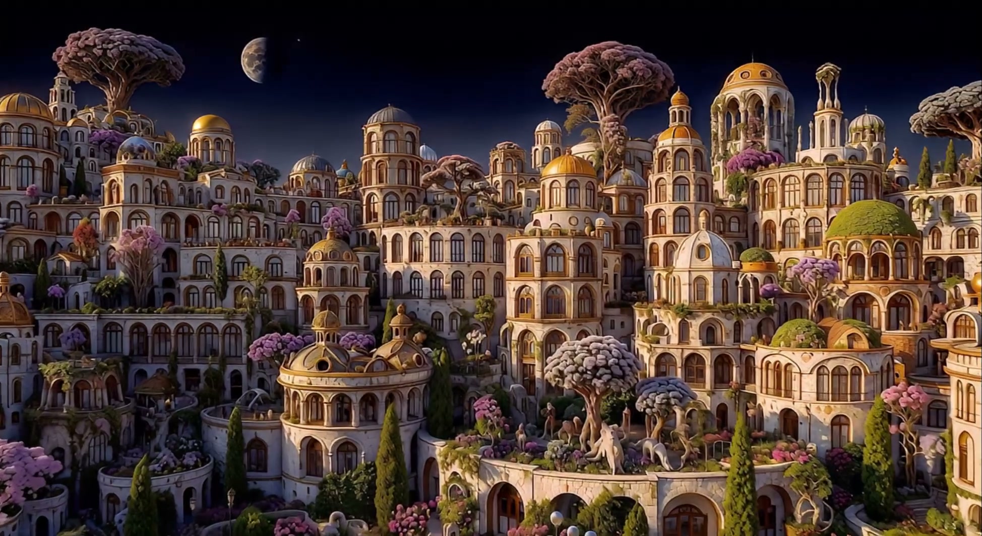 Dreamy fantasy cityscape with domed towers, arches, and lush pink trees at night.
