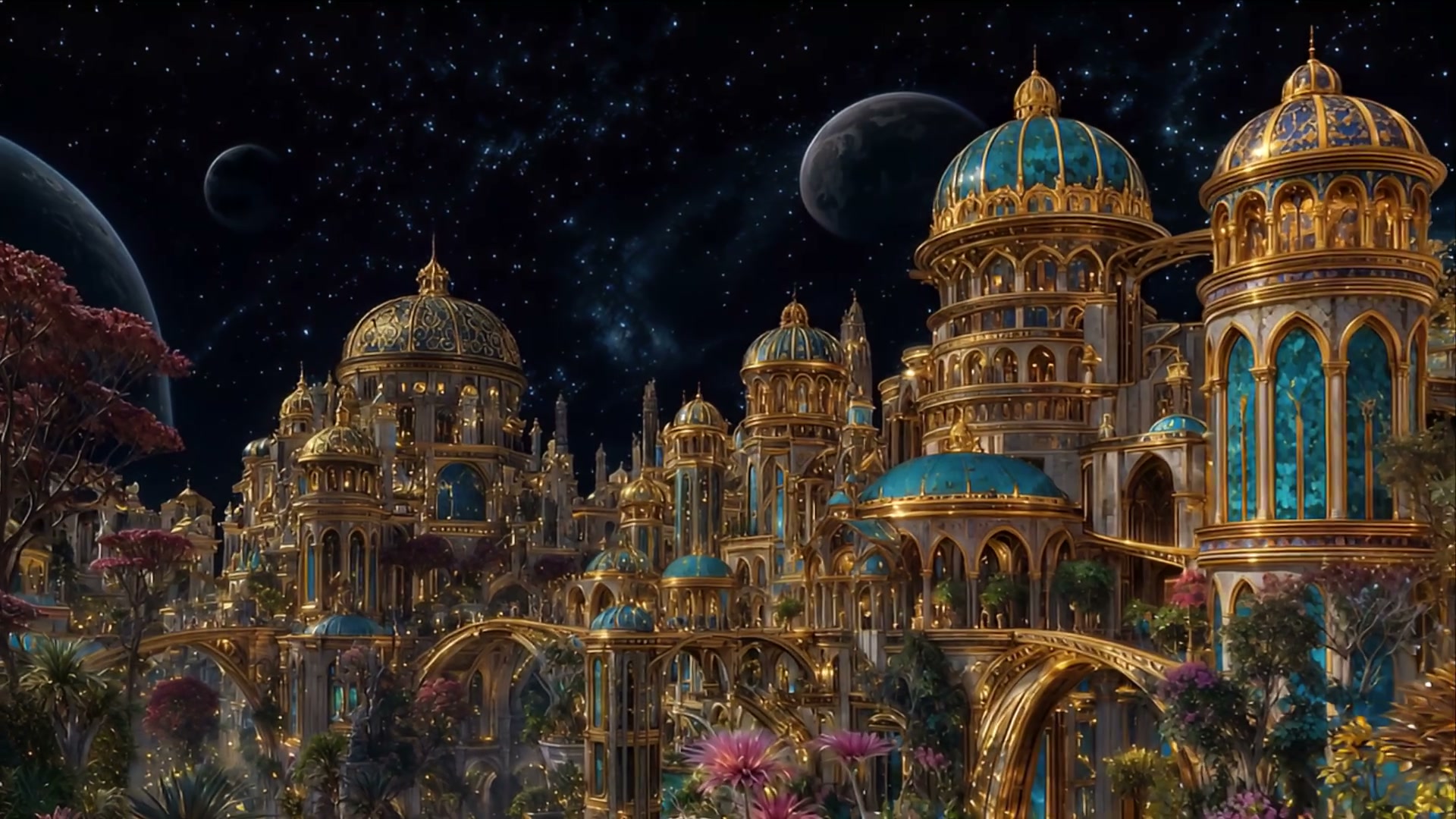 Golden domed palace city at night with turquoise roofs against a starry space sky.