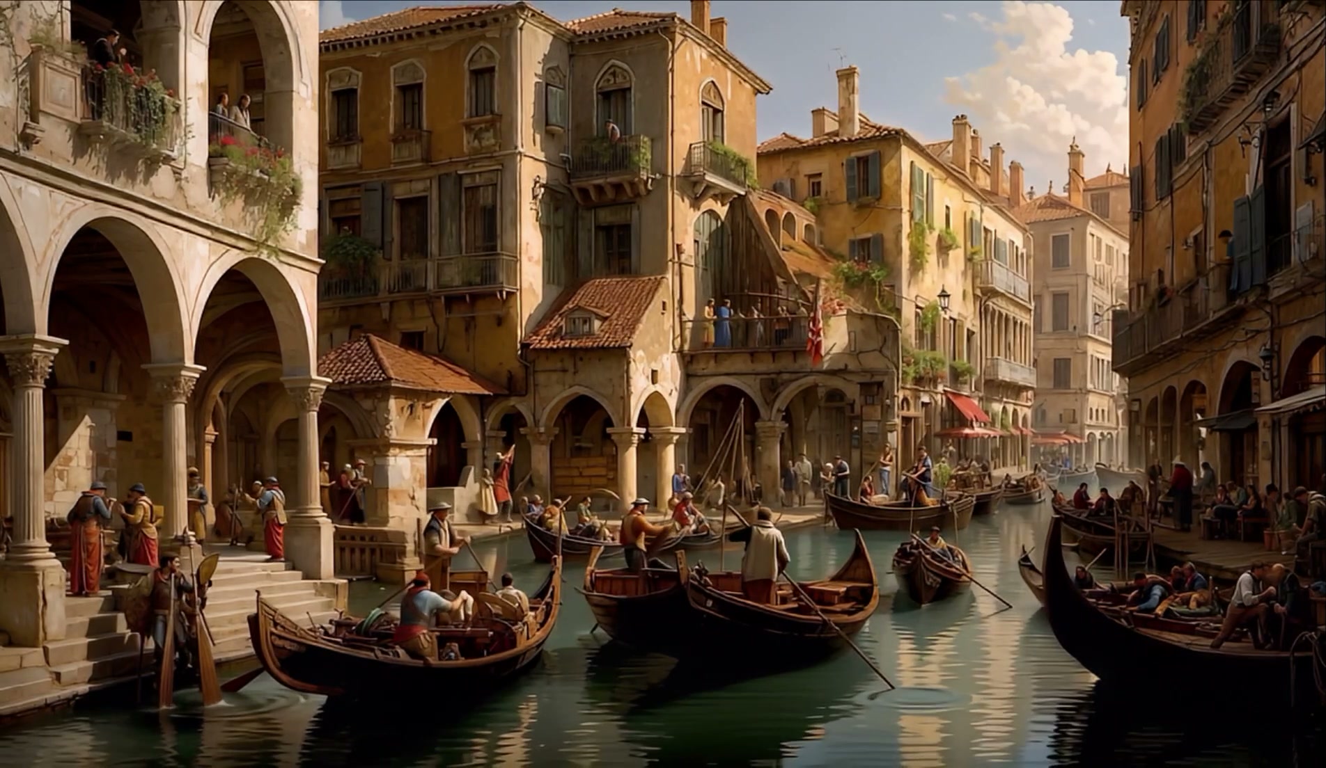 Historic canal street with arched colonnades, pastel buildings, and numerous wooden boats on calm...