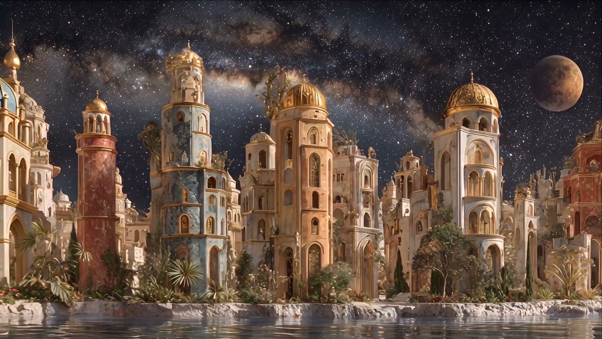 Nighttime fantasy city skyline with ornate domed towers along water under a starry sky.