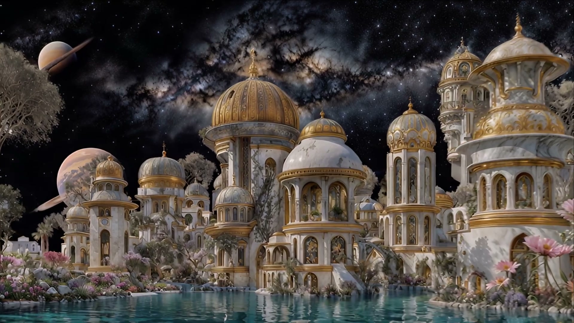 Fantasy marble city with gold domes beside a reflective pool under a starry cosmic sky.