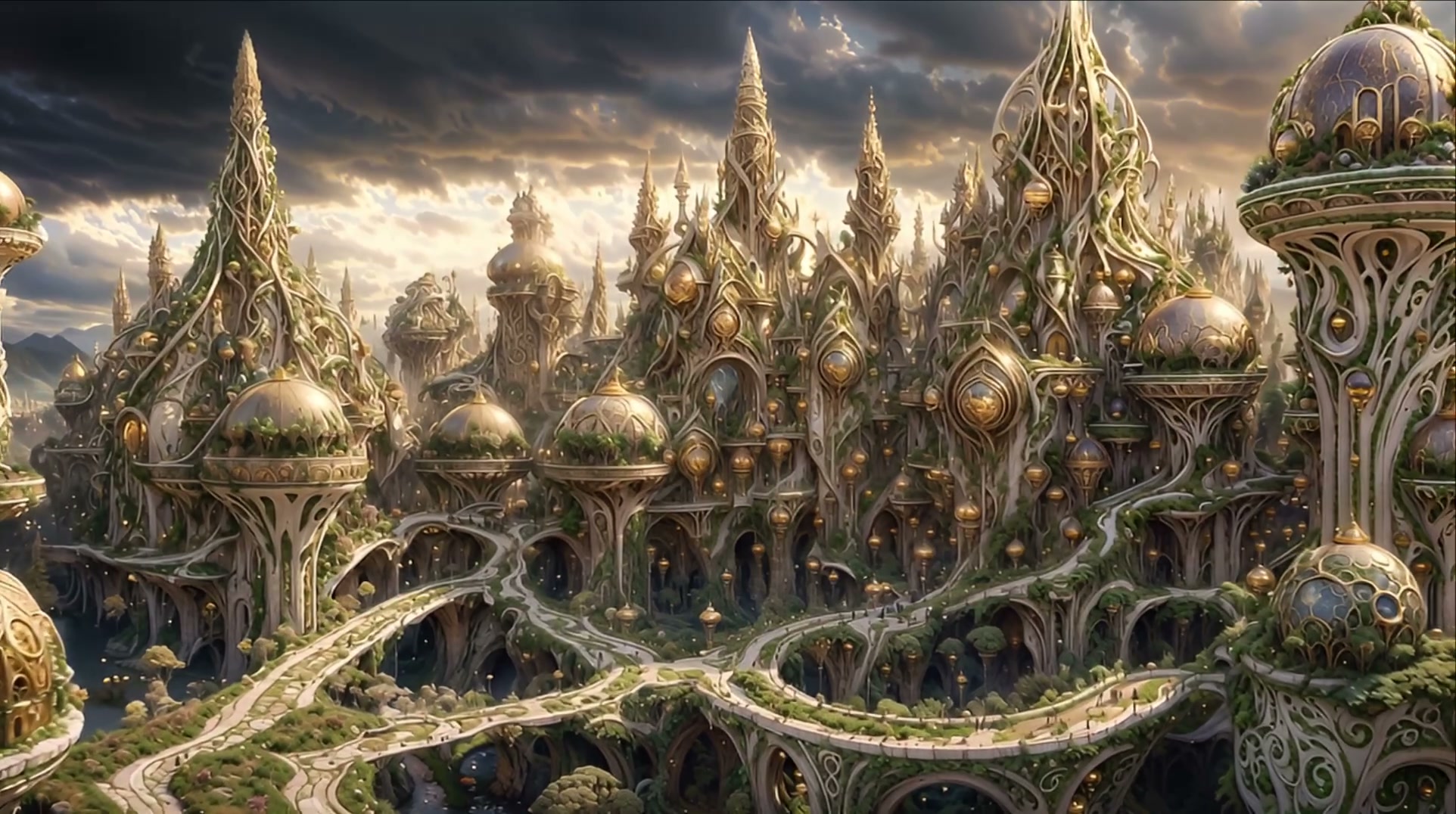 A sprawling fantasy city with gold domes and ornate, vine-wrapped towers under a dramatic sky.