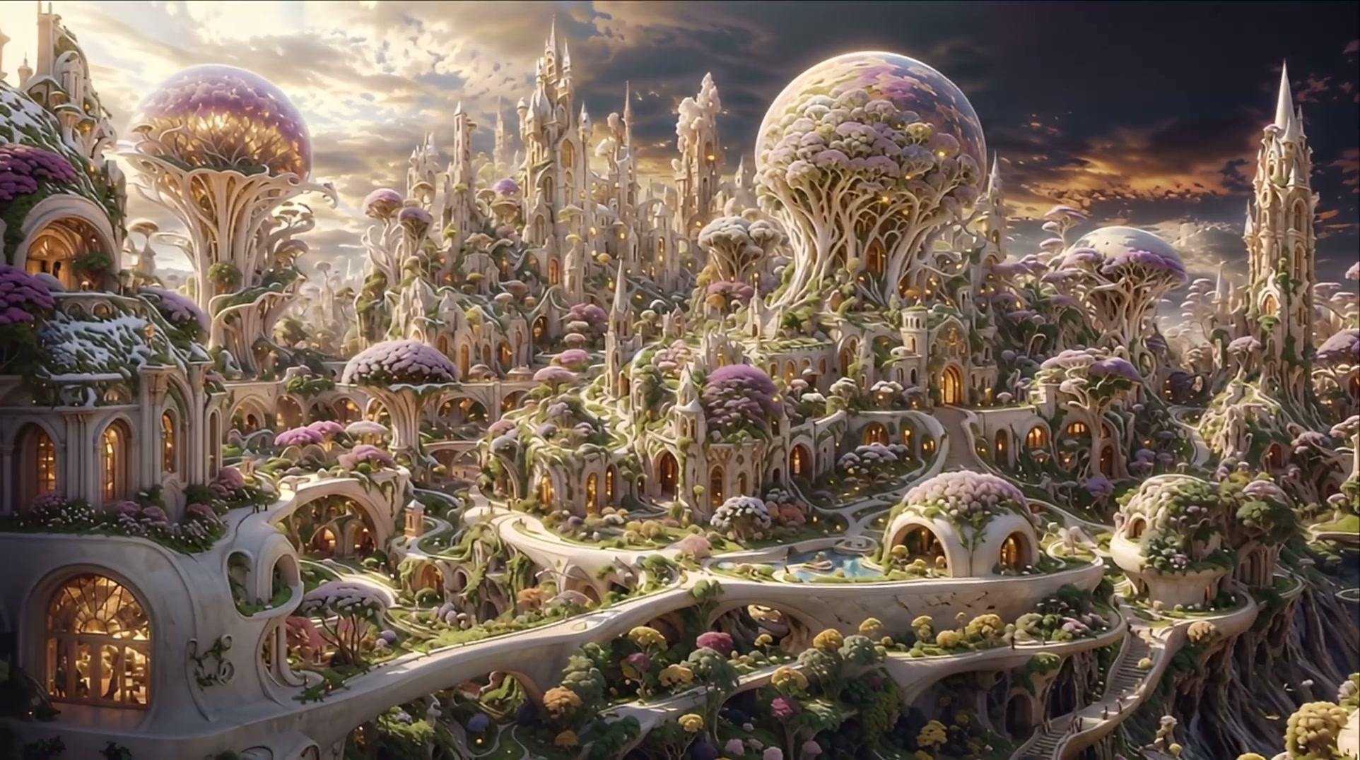 Whimsical fantasy city with white architecture, towering spires, and colorful dome trees under a ...