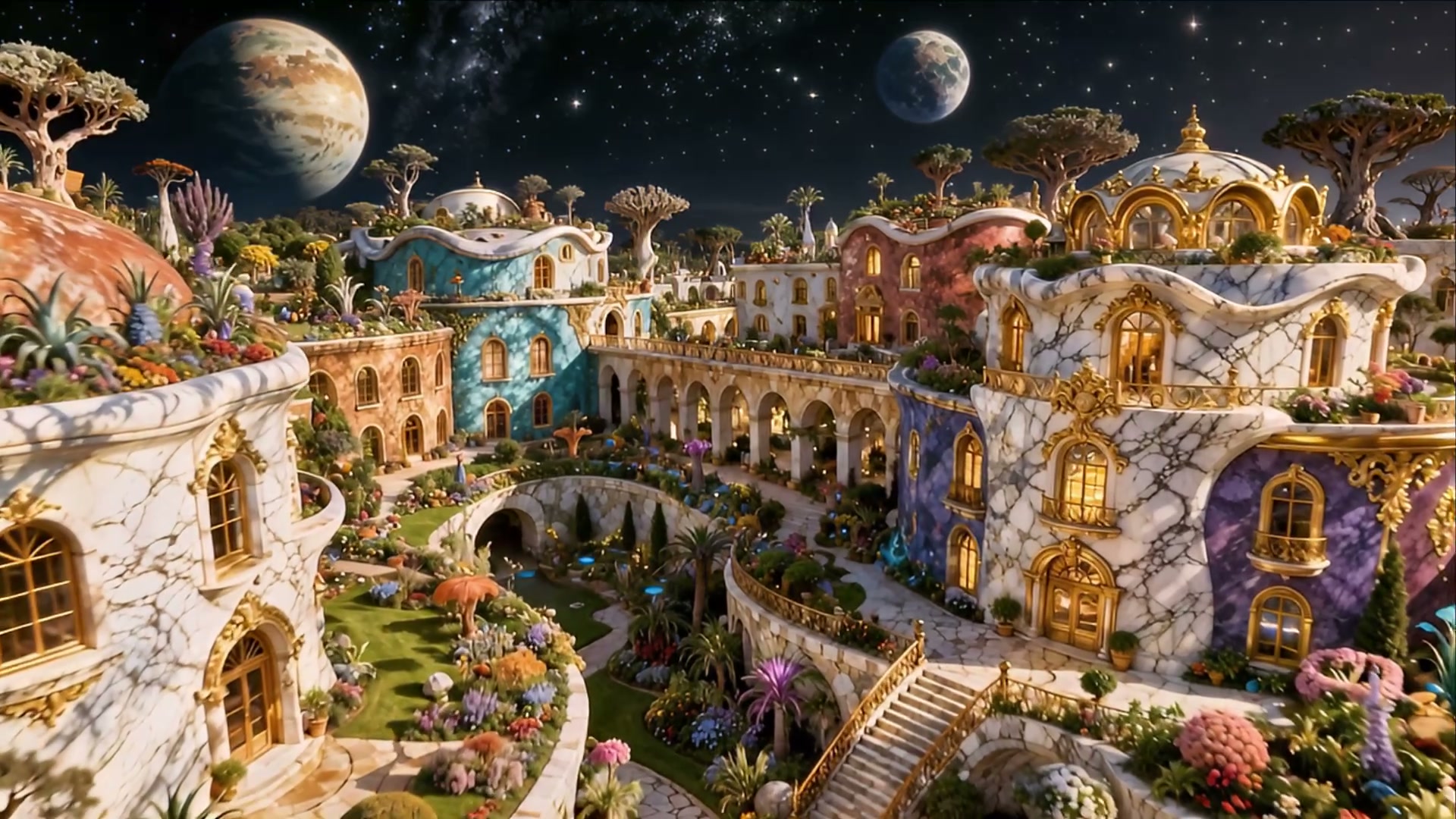 Whimsical, marble-clad fantasy city at night with colorful buildings, gardens, and a starry sky w...