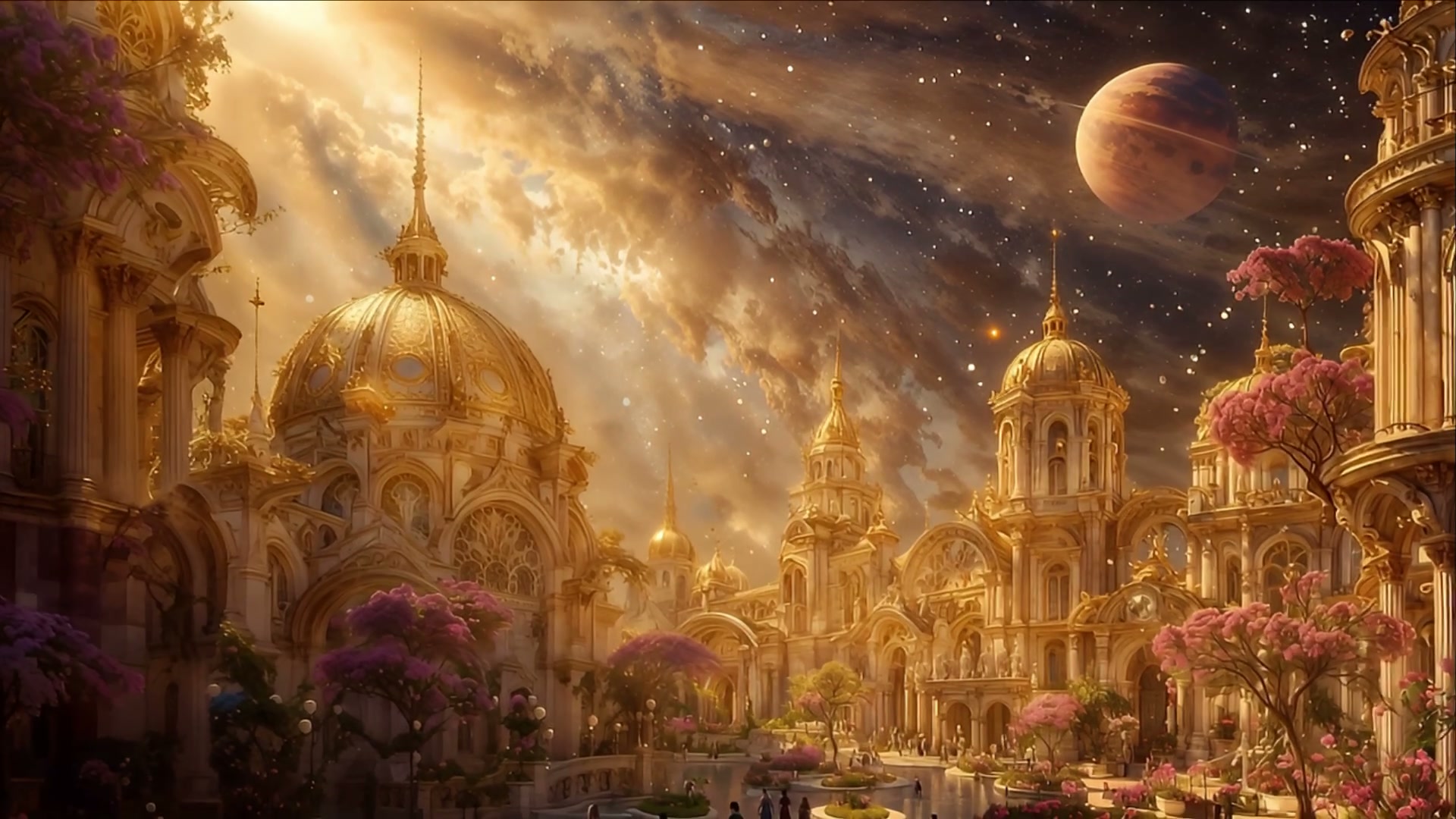 Ethereal golden fantasy baroque city under a starry sky with a ringed reddish planet, blooming pi...