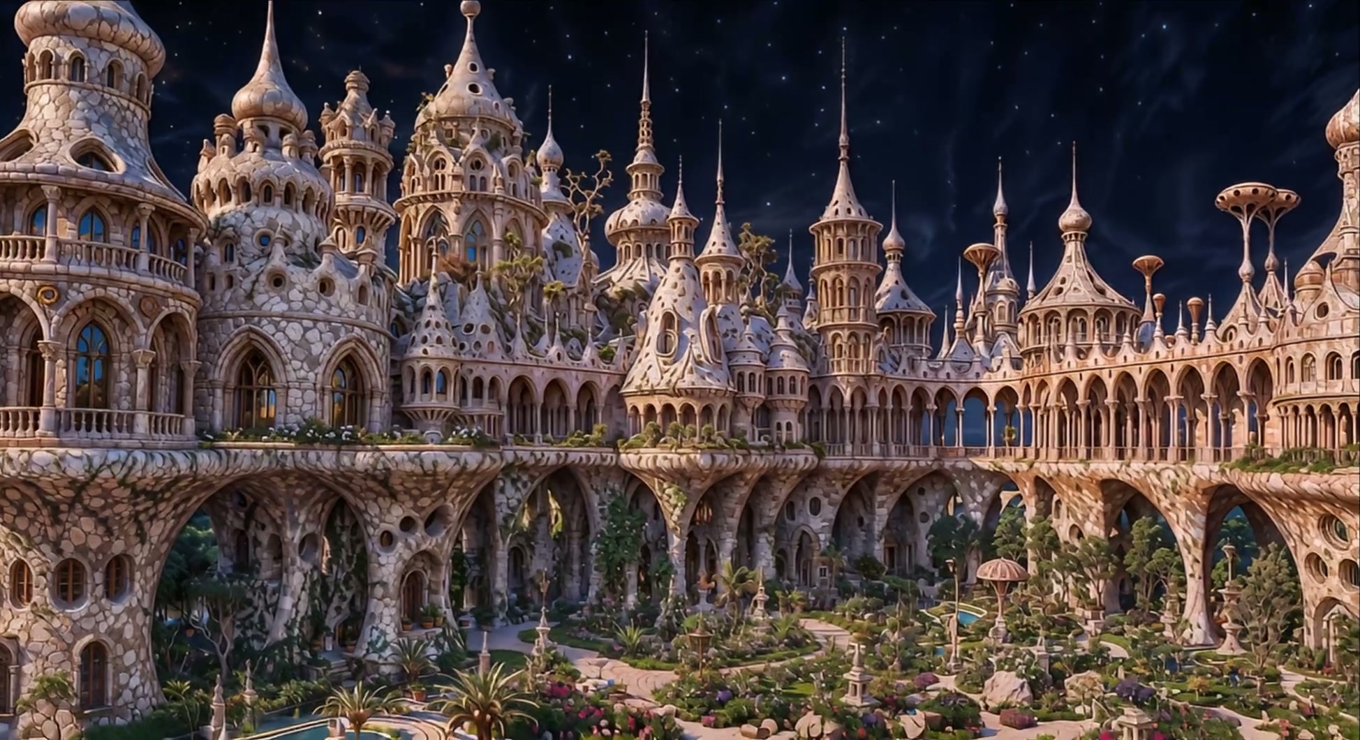Whimsical ornate stone fairy tale castle with spires, raised over a lush garden, set under a dark...