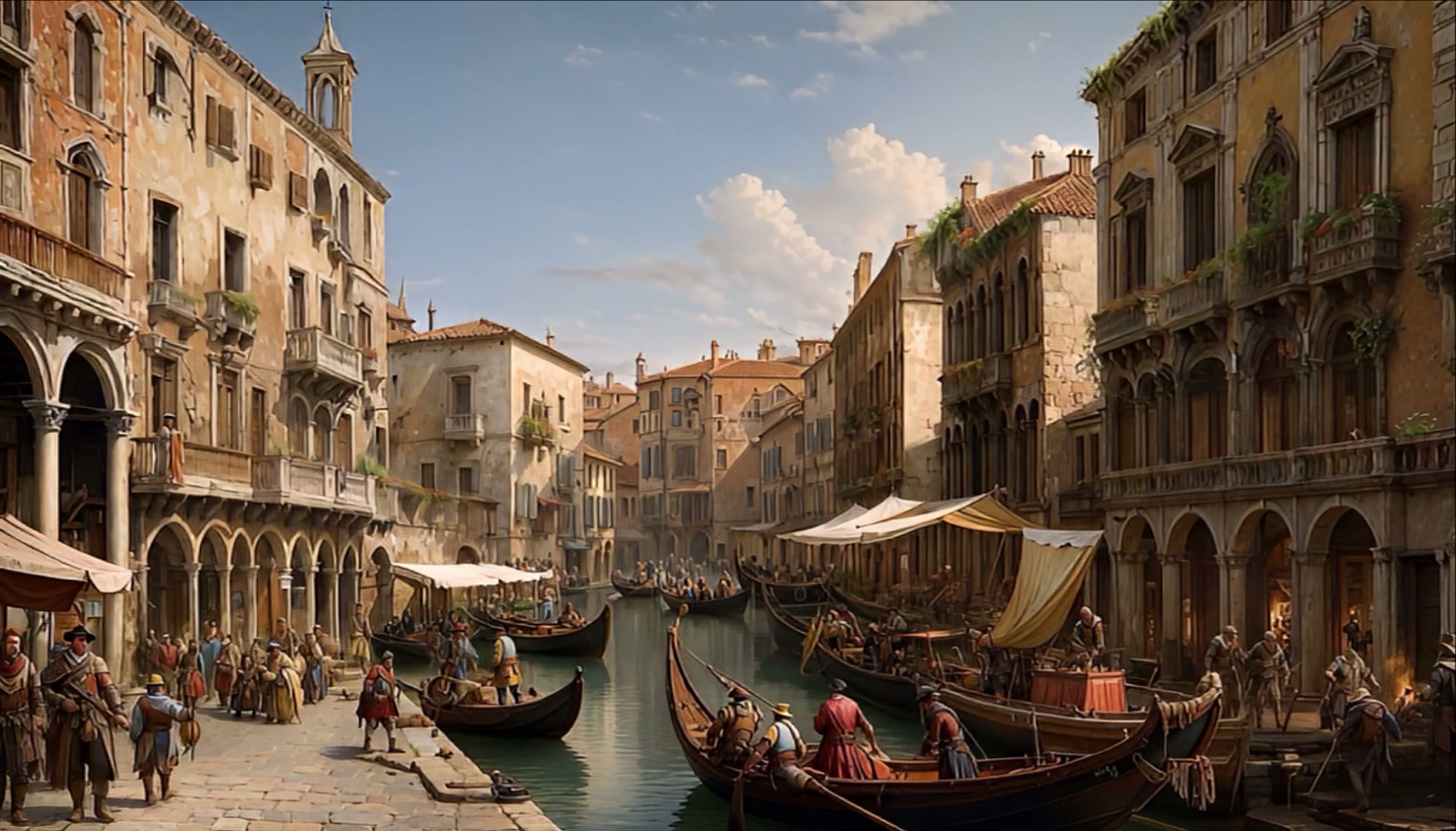 "Renaissance-style painting of a busy historic Venetian canal, filled with gondolas, period-clad ...