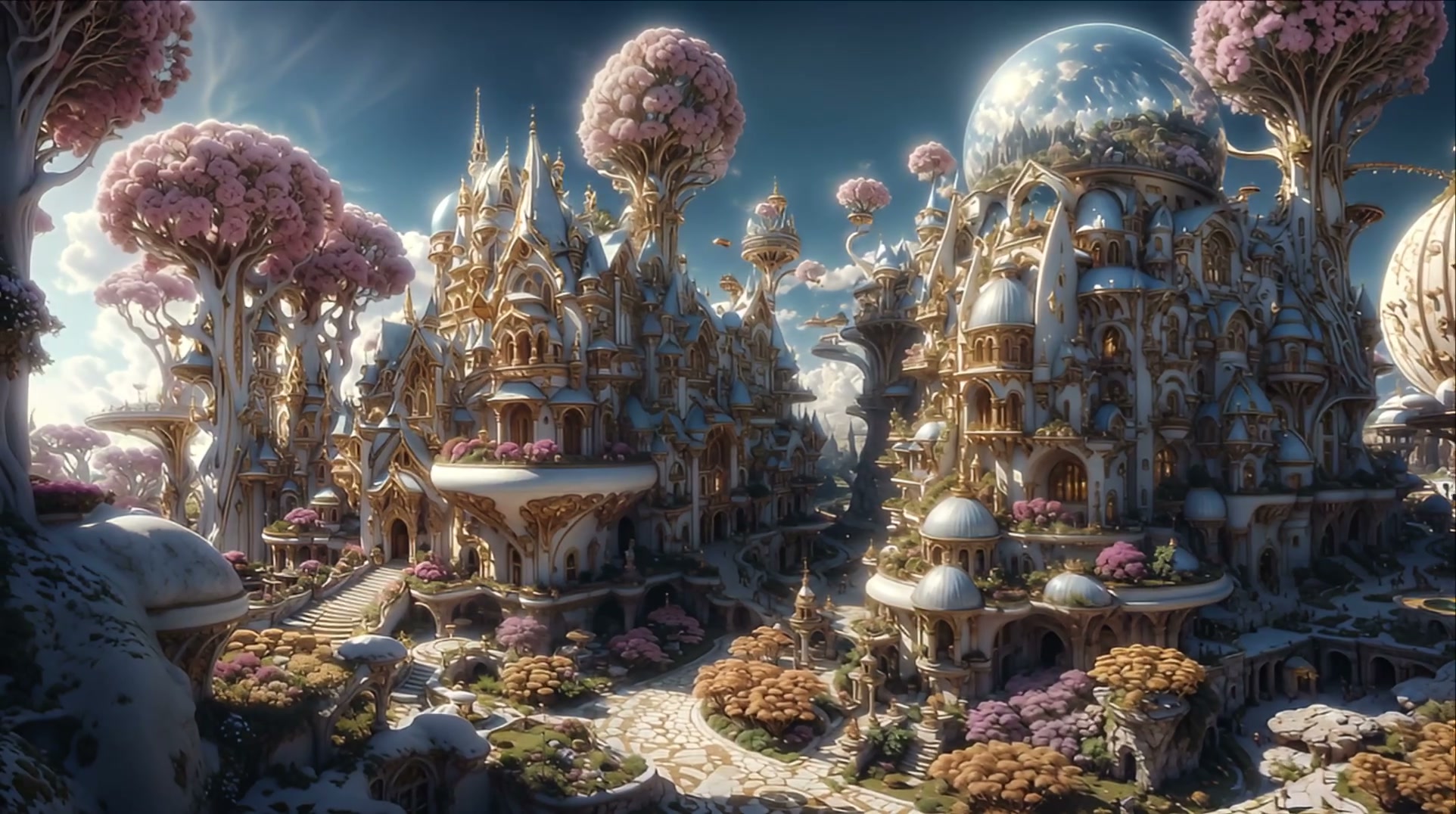 Whimsical fantasy elf city with ornate white-and-gold spires, giant pink blooming trees, and glas...