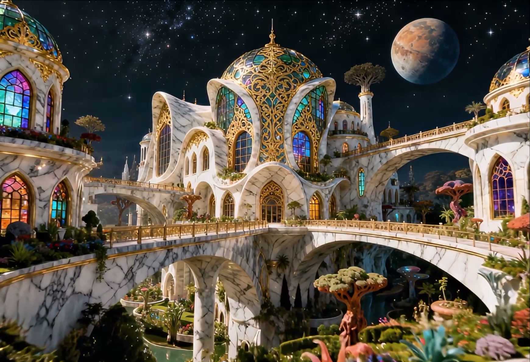 Ornate fantasy marble palace with gold filigree and stained glass, under a starry night sky with ...