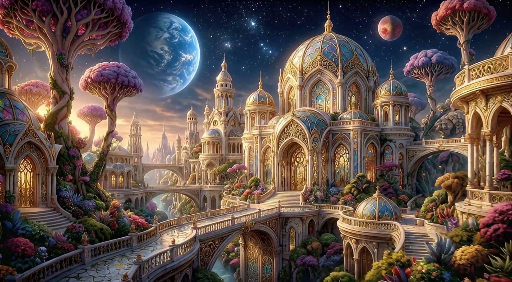 Ornate fantasy alien palace city at night, with giant colorful canopy trees, two planets in a sta...