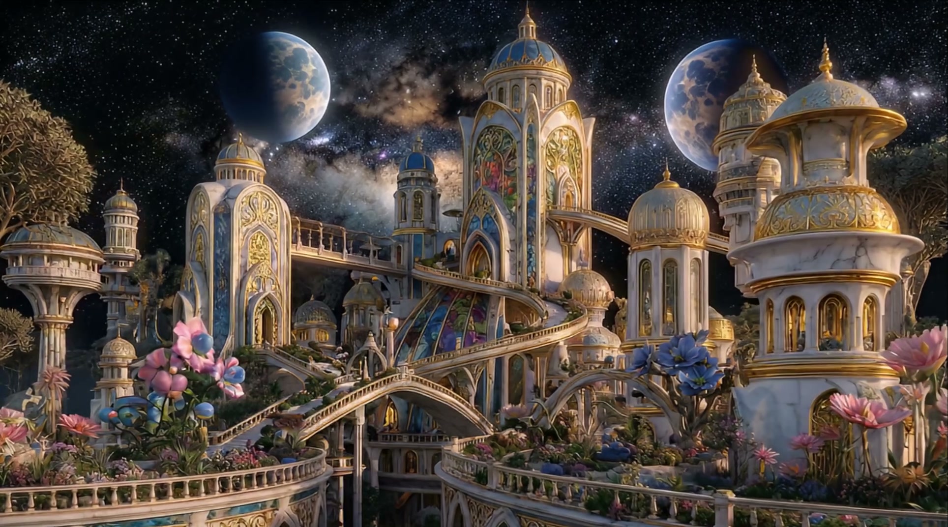 Opulent celestial fantasy palace with golden domes, stained glass, and giant exotic flowers, set ...