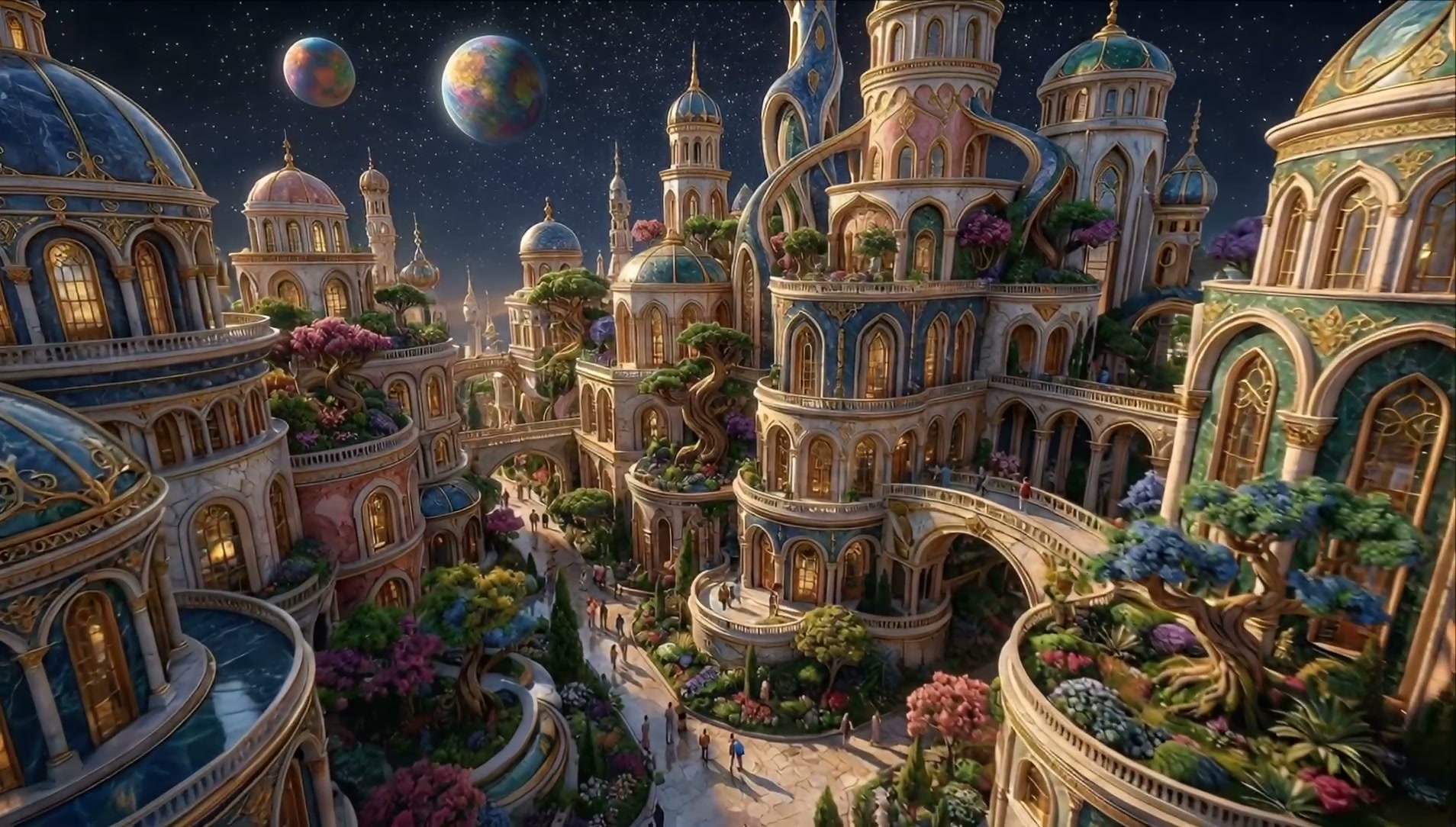 Ornate fantasy Middle Eastern-inspired domed city at starry night, with two alien planets, lush t...