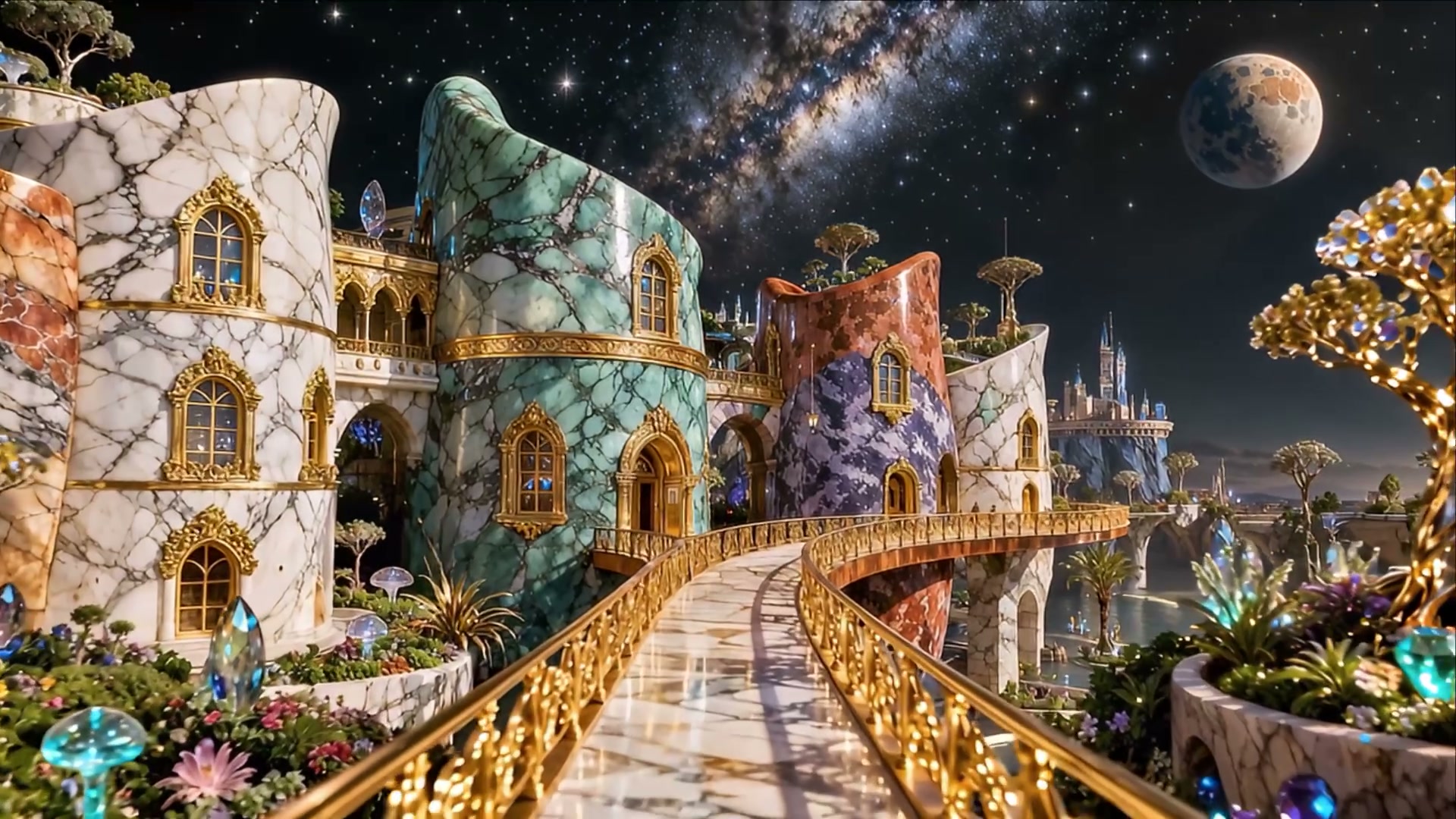 Whimsical curved marble fantasy castle with gold trim, glowing alien gardens, starry Milky Way sk...