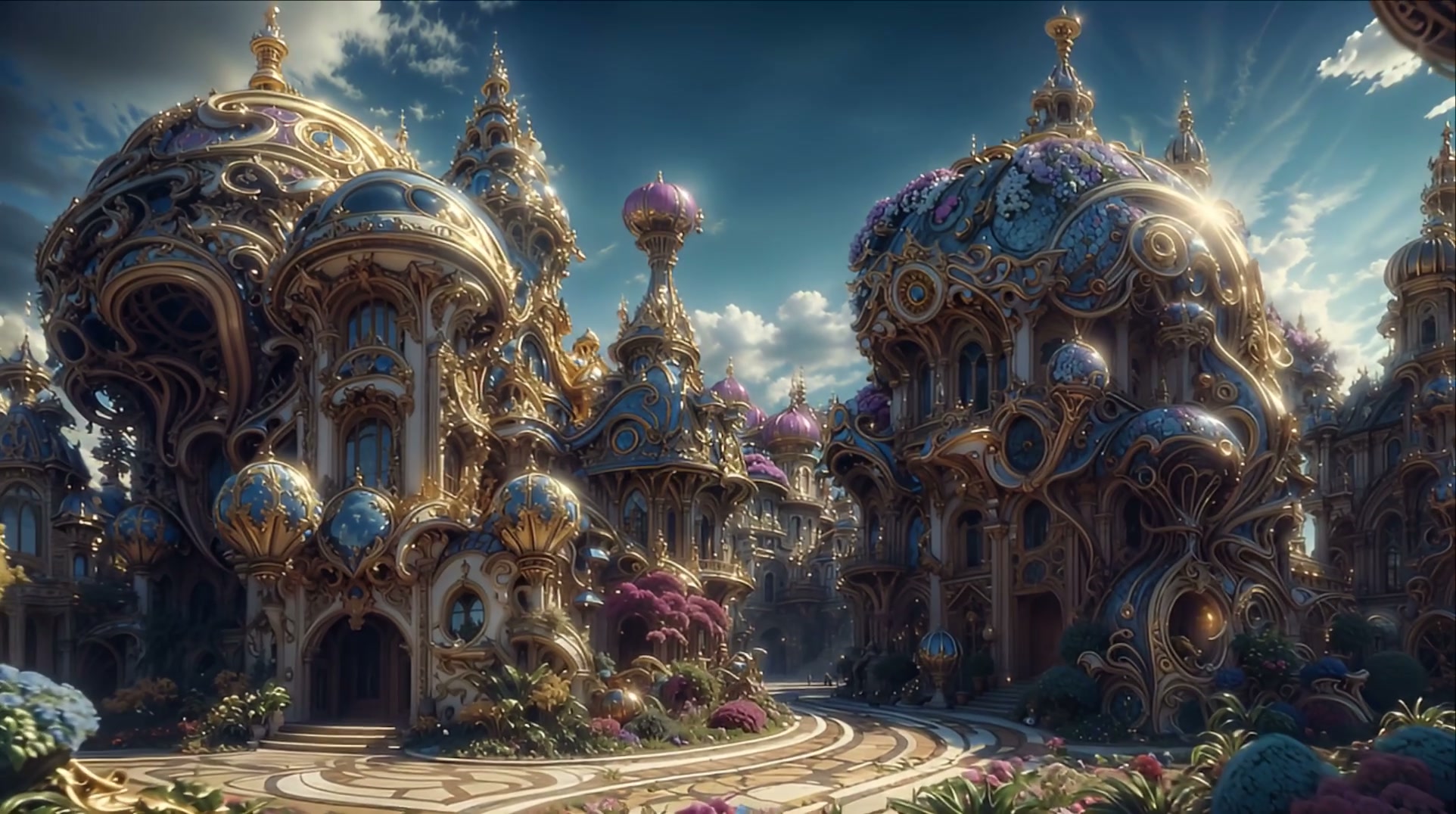 Ornate gilded rococo fantasy palace city with domed buildings, lush flowering gardens, and bright...