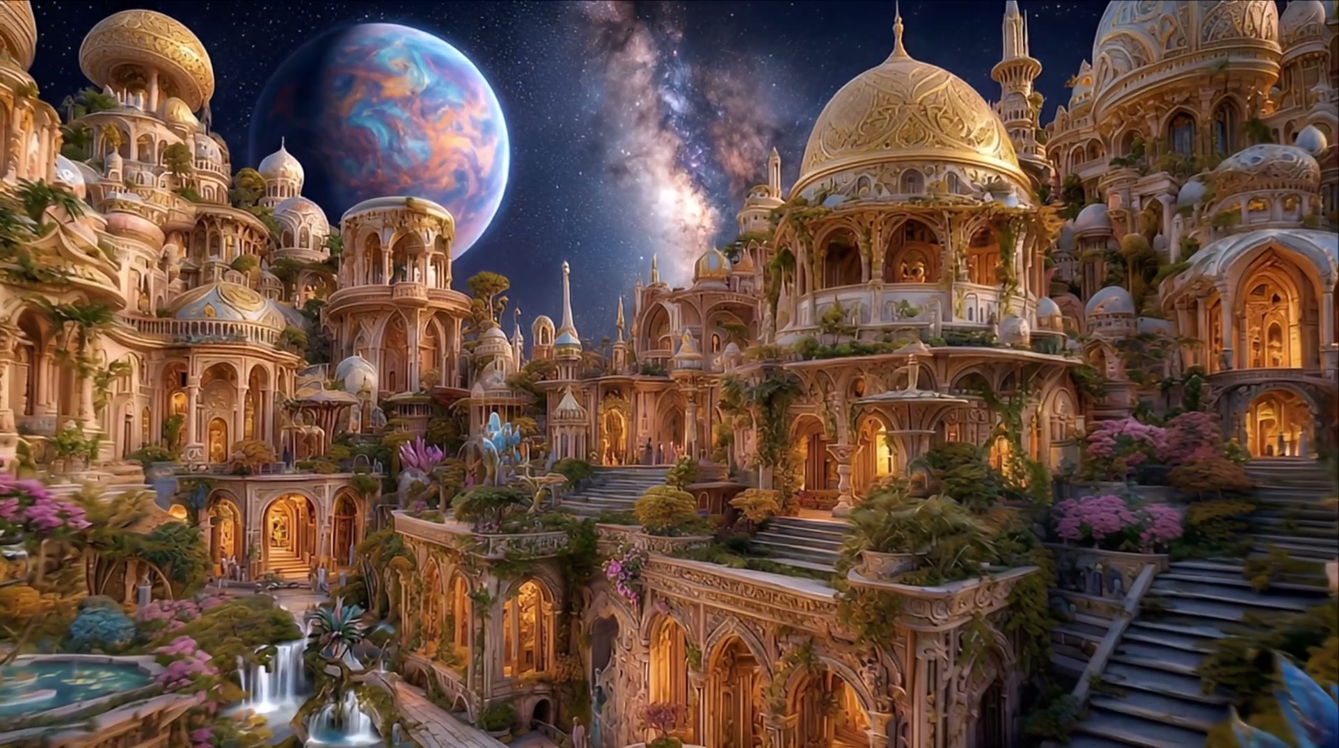Ornate gilded fantasy palace city with tiered domed architecture, lush gardens, and a large alien...