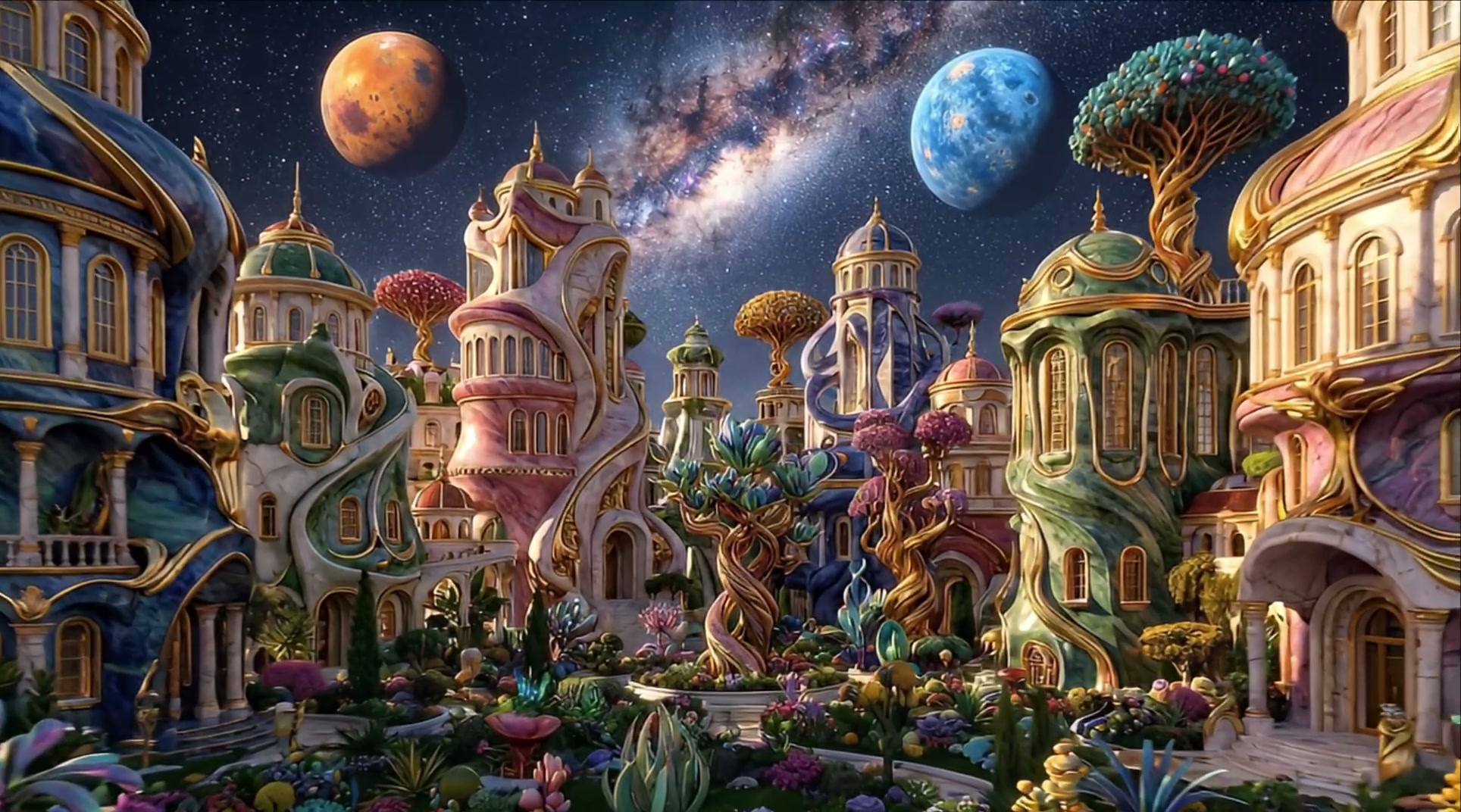 Surreal fantasy alien city with swirling pastel architecture, exotic trees, and twin planets unde...