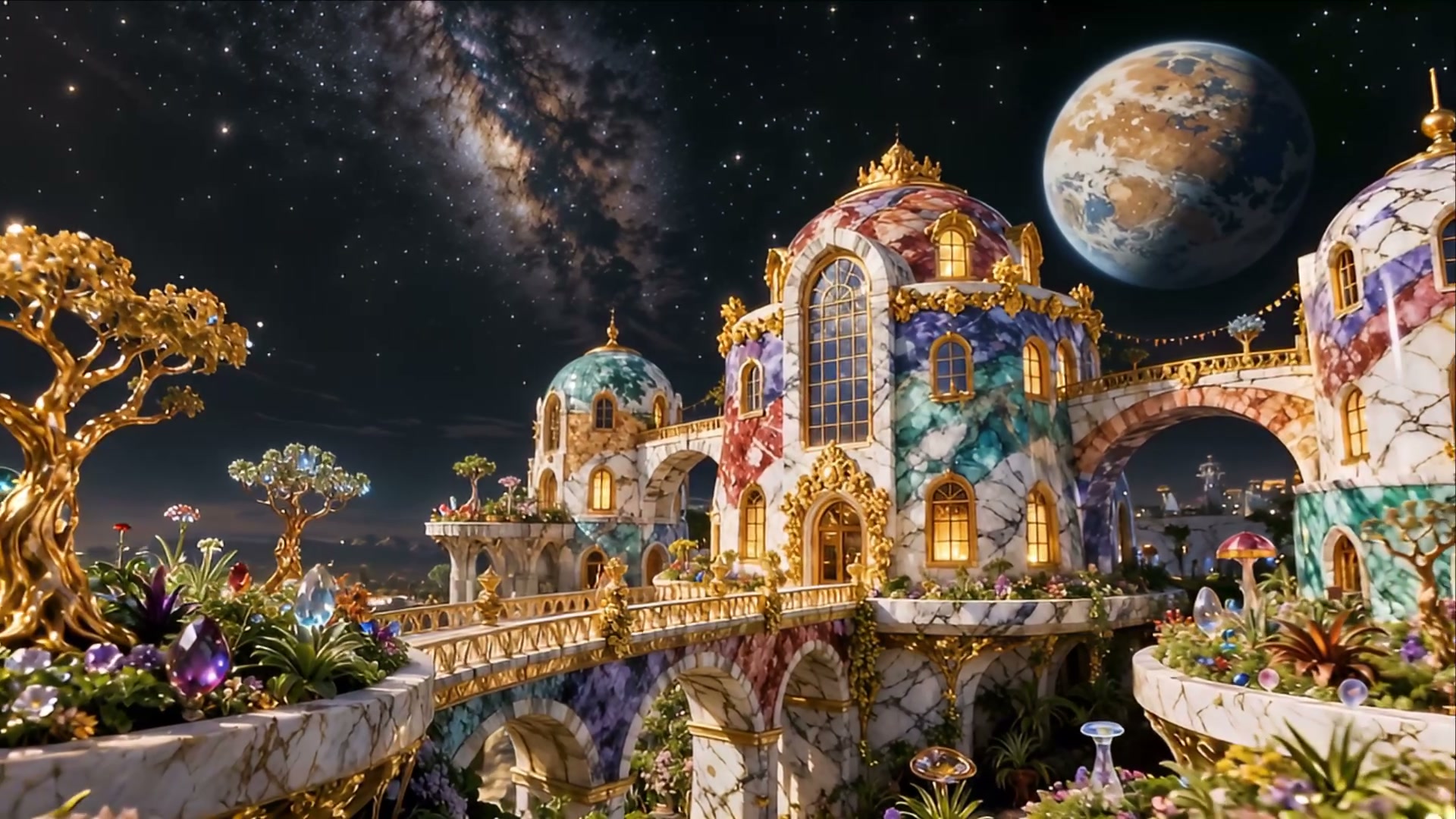 Ornate marbled fantasy palace with golden details, magical alien gardens, under a starry sky with...