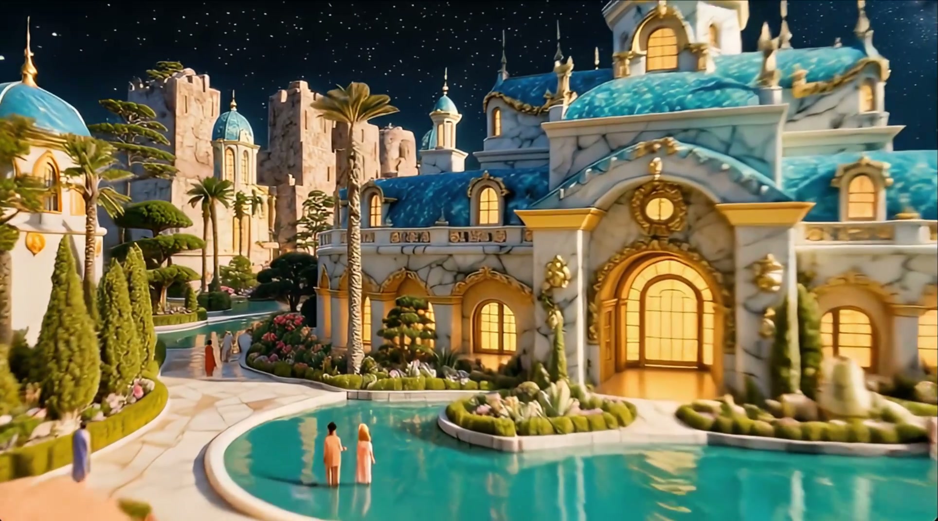 Ornate fairy tale palace with turquoise gilded roofs sits under a starry night sky, robed figures...