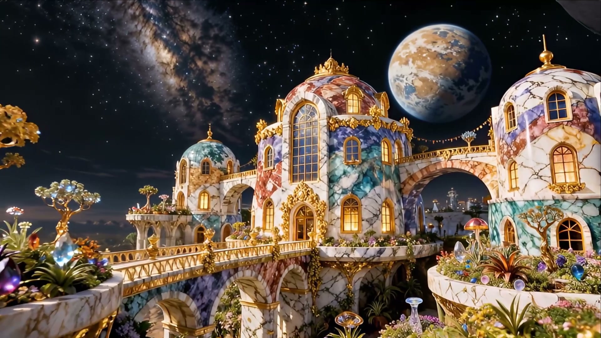 Ornate rainbow marble fantasy palace with gold trim sits under a starry galaxy sky, large alien p...
