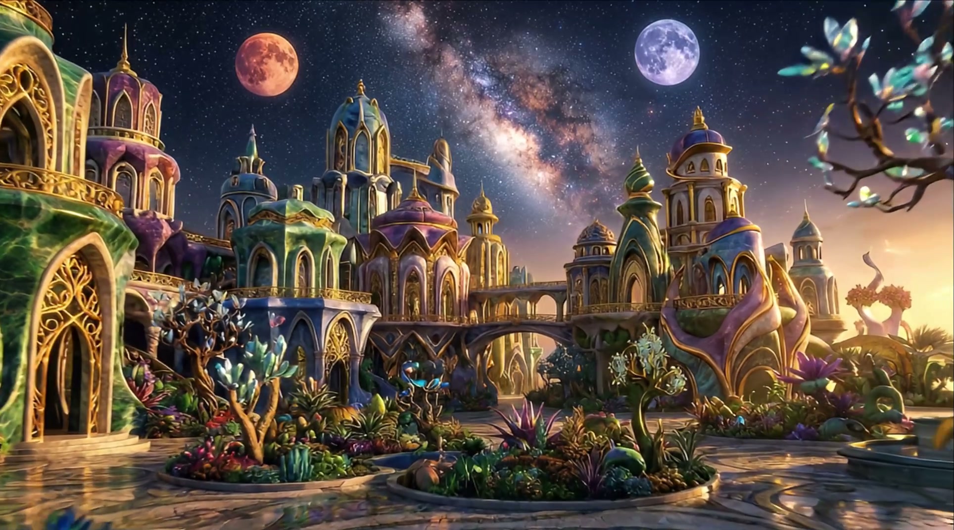 Ornate fantasy elven palace with twin moons, milky way starry sky, and glowing magical alien gard...