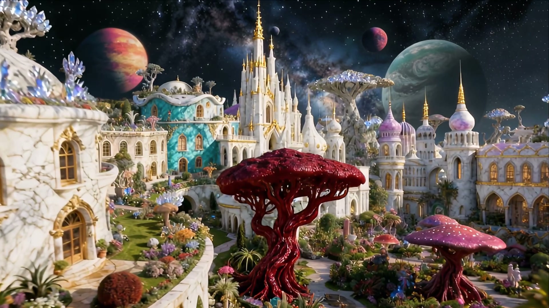 Ornate alien fairytale city with pastel gilded buildings, vibrant alien flora, and planets above ...