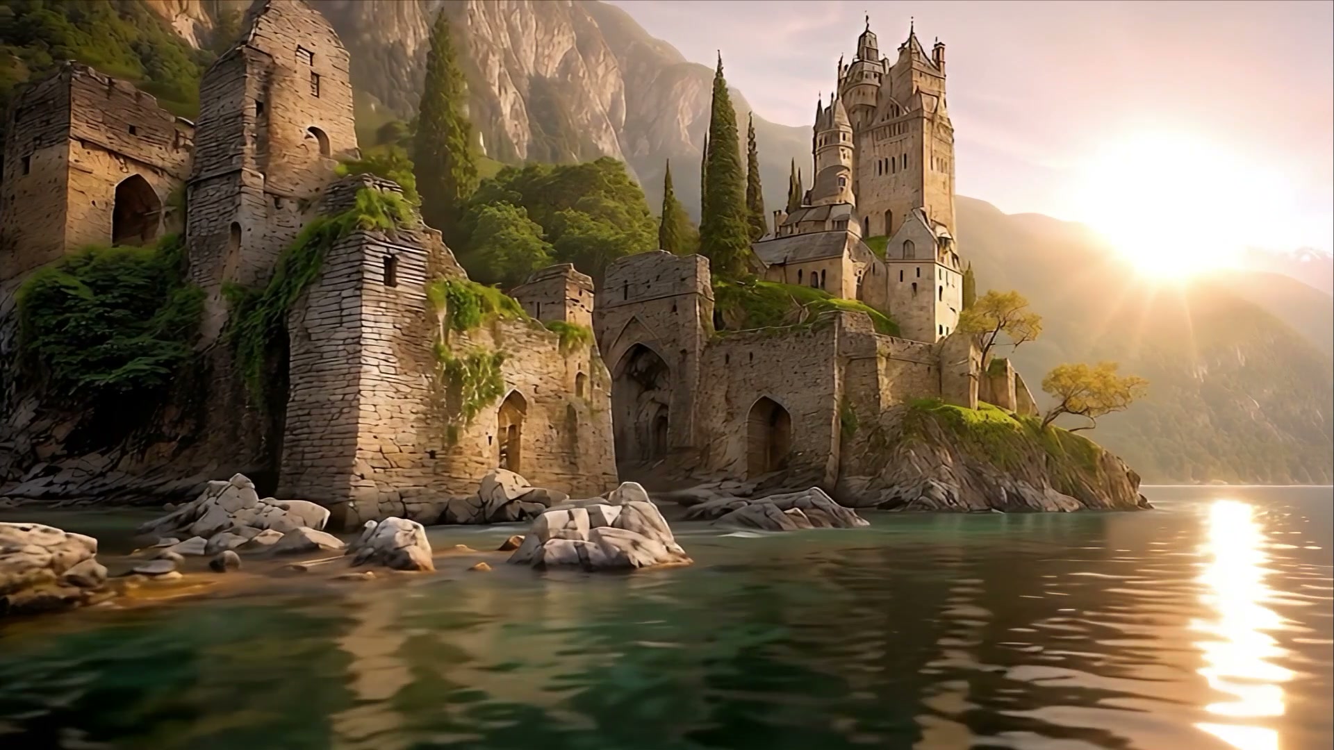Weathered medieval stone castle ruins and an intact fairytale fortress sit on a rocky lakeshore b...