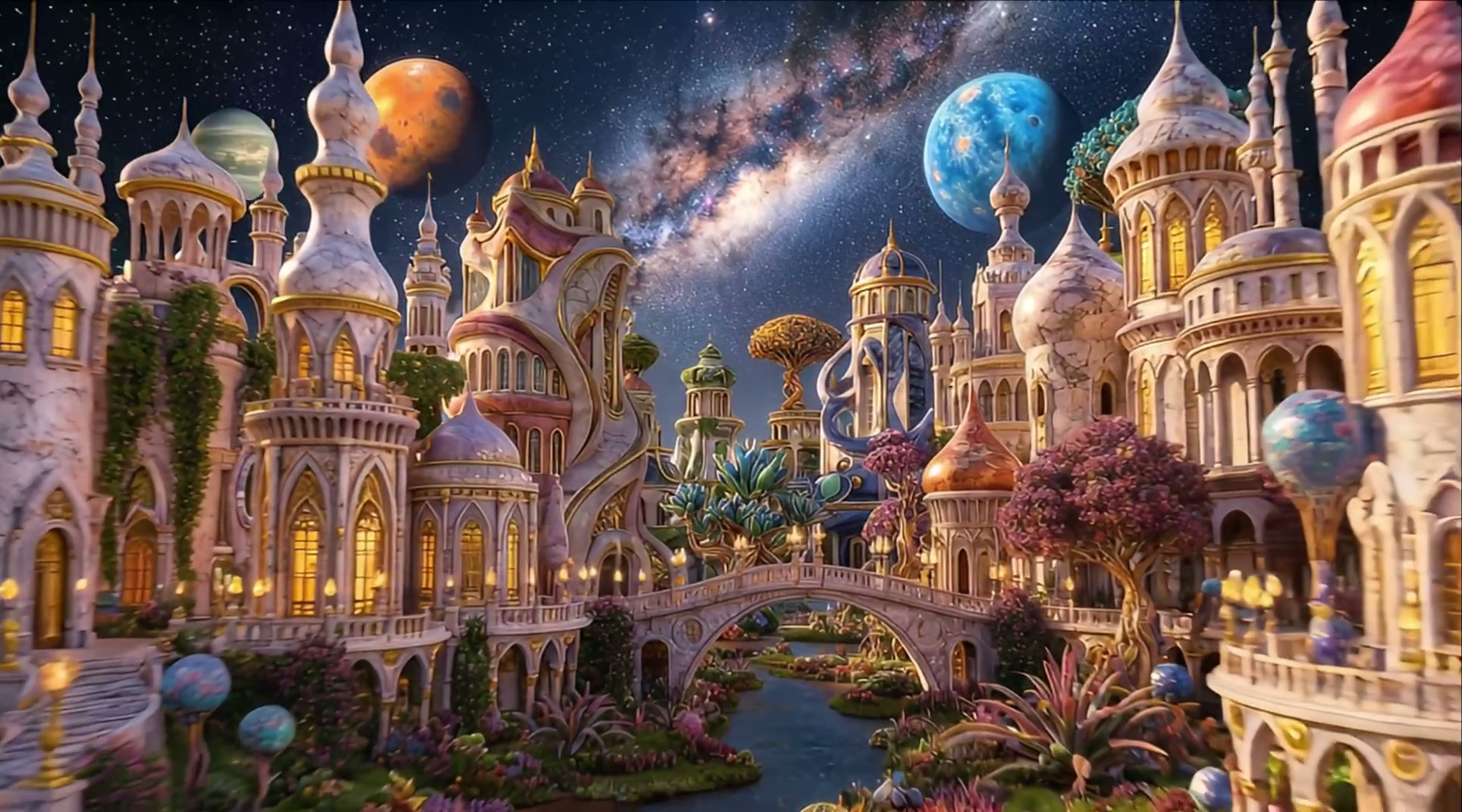 Surreal fantasy fairytale city with ornate glowing spires, stone river bridge, alien flora, and s...