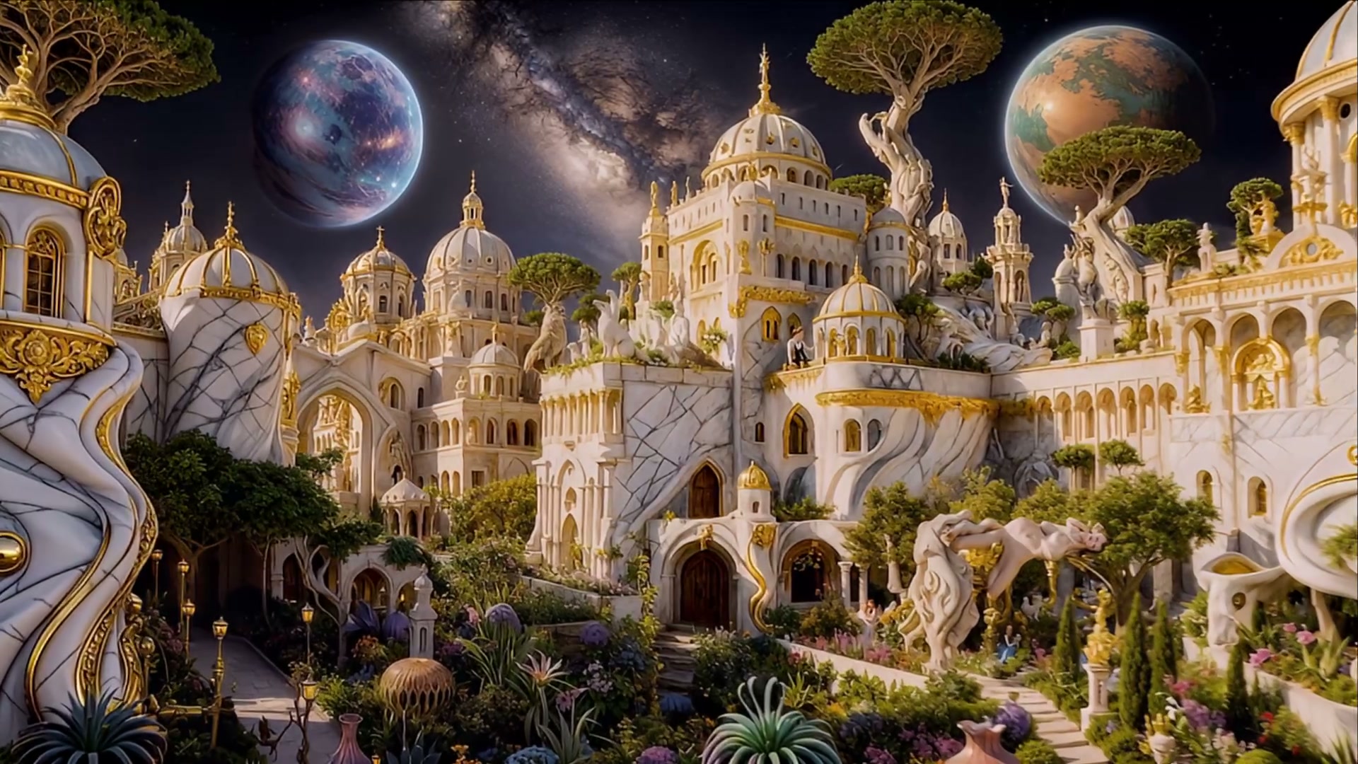 Opulent gilded marble fantasy palace with lush magical gardens, under a starry sky with two large...