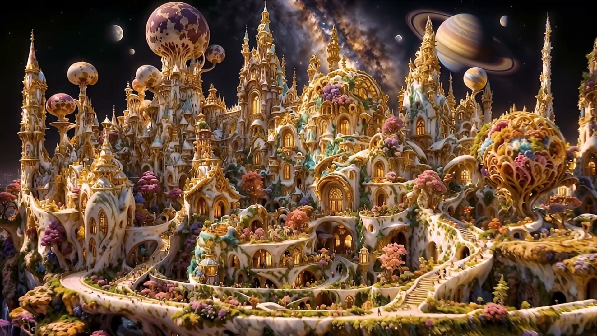 Elaborate gilded fairytale floating city with glowing windows, pastel flora, set against a starry...